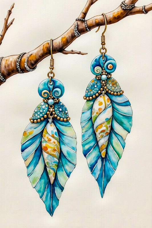 TEAL LEAVES EARRINGS GREETING CARD