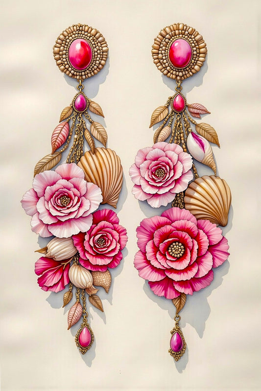 BLOOMS AND SHELLS EARRINGS IN PINK GREETING CARD