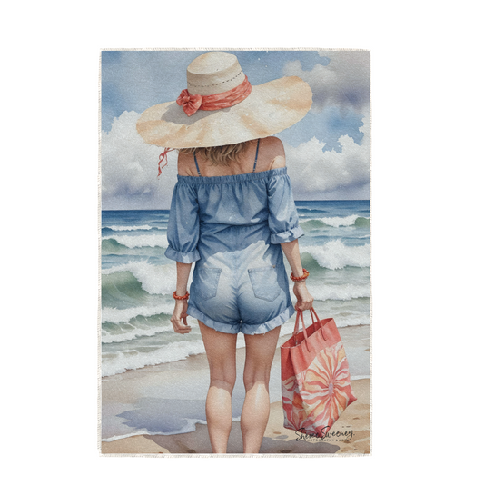 DENIM PLAYSUIT, HAND TOWEL / TEXTILE WALL ART