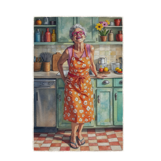 SANDY IN THE KITCHEN, HAND TOWEL / TEXTILE WALL ART