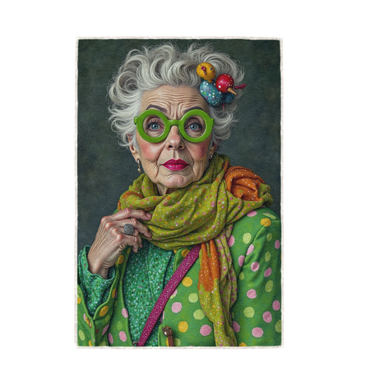 HATTIE IN GREEN SCARF, HAND TOWEL / TEXTILE WALL ART