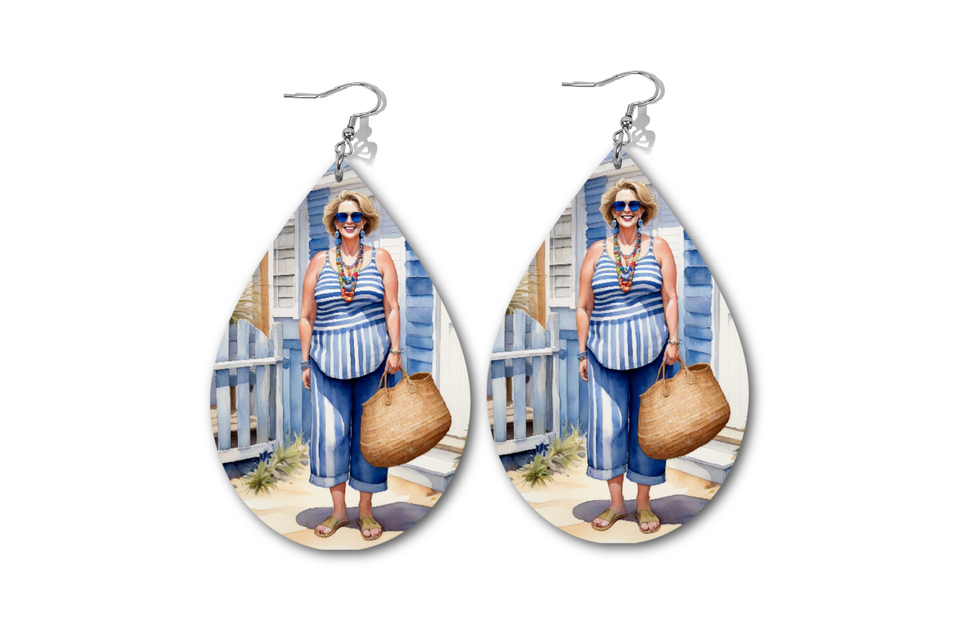 BEACH BABE IN BLUE STRIPES 1 WATERDROP EARRINGS