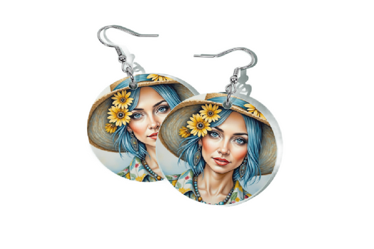 YELLOW BLOOMS IN SILVER ROUND EARRINGS