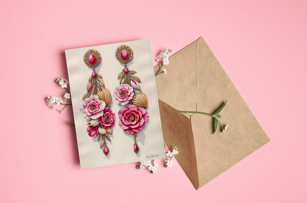 BLOOMS AND SHELLS EARRINGS IN PINK GREETING CARD