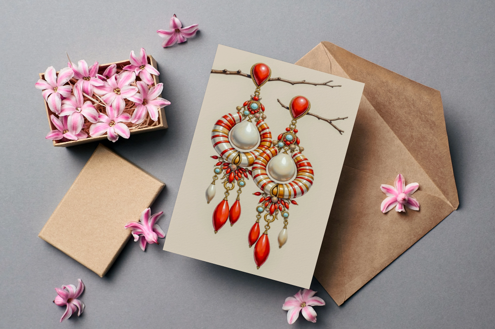 CORAL AND PEARL EARRINGS GREETING CARD