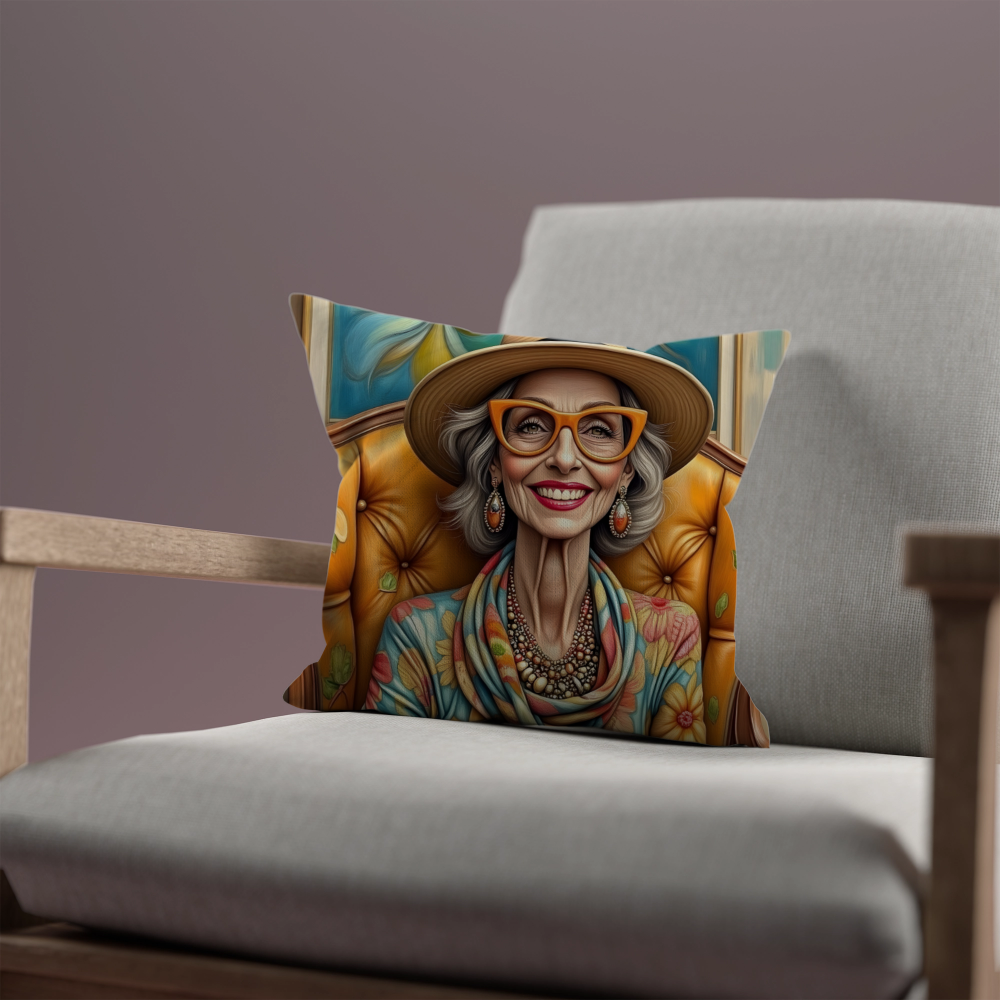 HAZEL IN HAT, CARNIVAL AND BLOOMS CUSHION