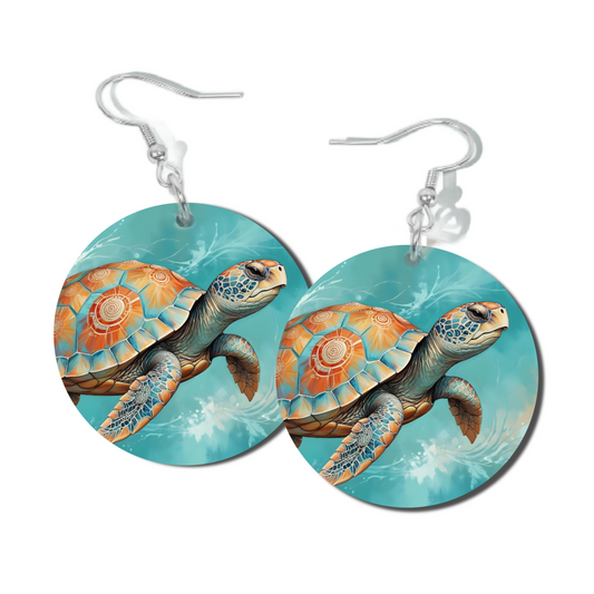 TURTLE IN AQUA, ROUND EARRINGS
