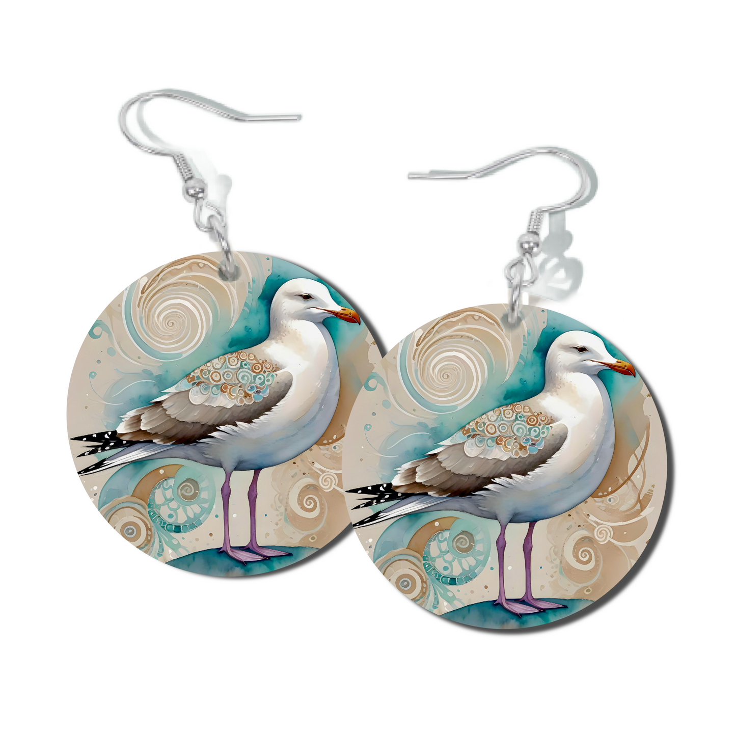 SEAGULL IN AQUA, ROUND EARRINGS