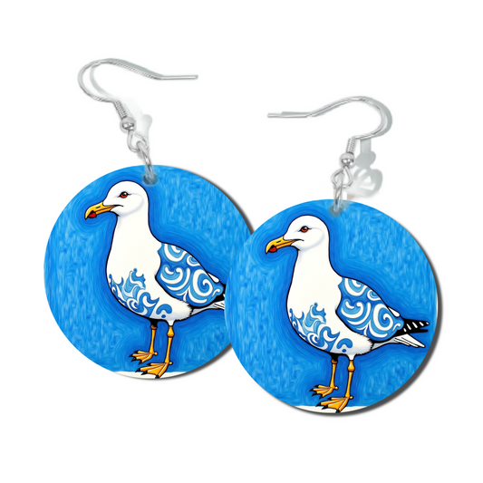 SEAGULL IN BLUE, ROUND EARRINGS